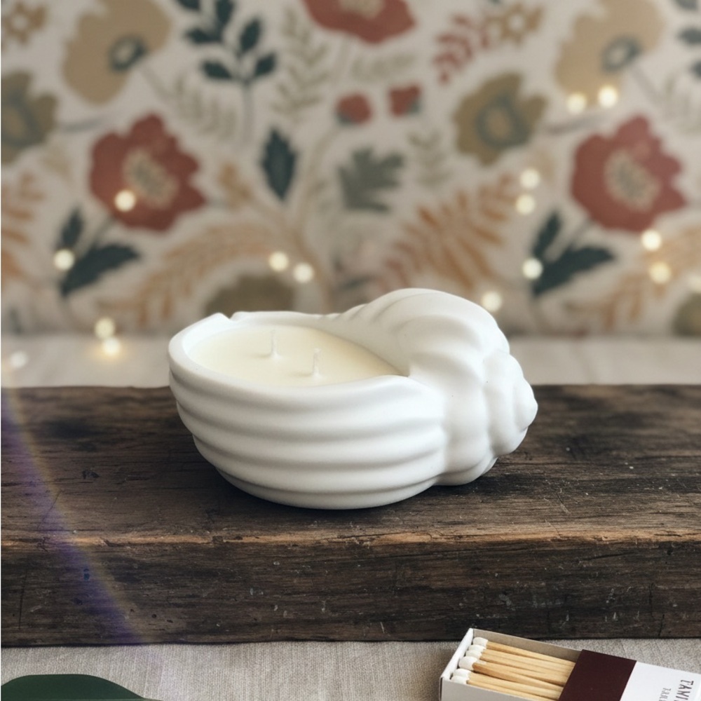 White Jesmonite Shell Handmade Candle Bowl with Double Wick